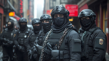 A group of police officers lined up on the street.