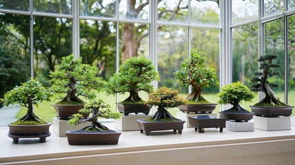 Collection of various bonsai trees displayed in a bright, airy greenhouse.