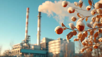 Ecological devastation with a factory emitting pollution, surrounded by dead trees. The environmental impact of industrialization, climate crisis, and the urgent need for sustainability.