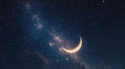 Serene Crescent Moon in Starry Night Sky