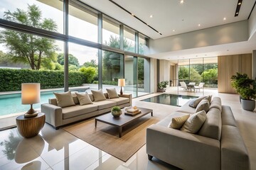 Fototapeta premium Minimalist Luxury Interior of Vacant Pool Home with Modern Aesthetics