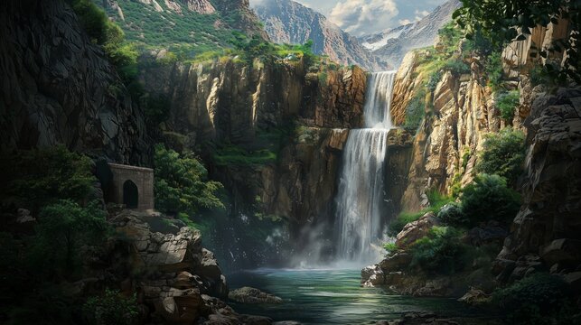 Serene Waterfall Cascading Down Rocky Cliff