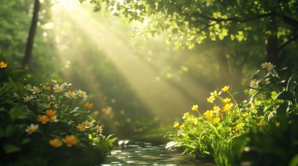 Sunbeams Through Forest With Stream And Flowers