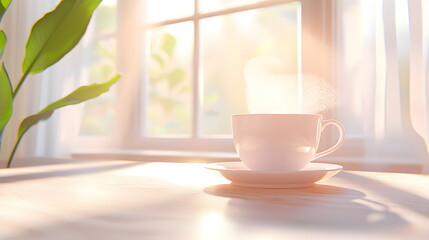 Golden Hour Coffee: A steaming mug of coffee sits on a windowsill bathed in the warm glow of the morning sun, inviting a moment of tranquility and peaceful contemplation. 