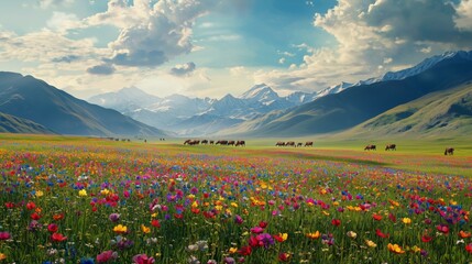 Vibrant Meadow in Afghan Highlands Under Blue Sky