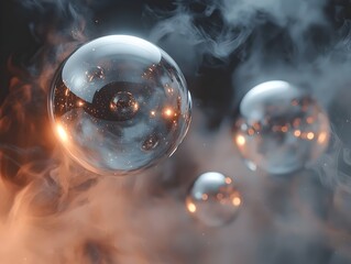 Abstract spheres with shimmering lights and smoke for a mystical and dreamlike effect.