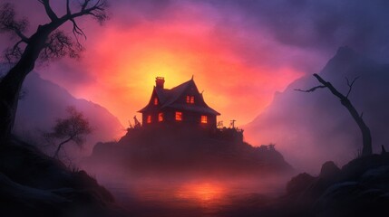 Obraz premium Mysterious Cabin on a Foggy Lake at Sunset