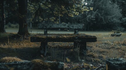 Tranquil Forest Scene with Moss-Covered Bench