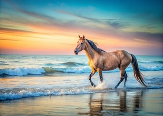 Minimalist Photography of a Horse Wading in Ocean Water for Serene Nature Imagery