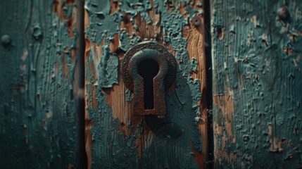 Rusty Keyhole on Weathered Wooden Door Surface