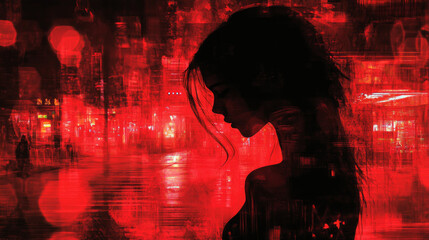 Noir abstract red light district sexy street scene with woman female silhouette profile closeup pedestrians and urban city night street danger artsy defocused grunge background with copy space