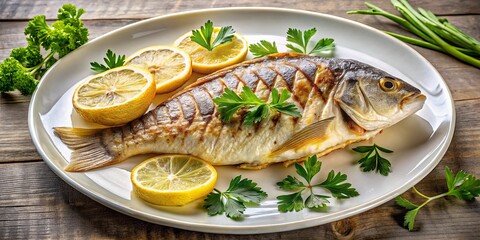 A Whole Grilled Fish on a White Plate with Lemon Slices and Parsley Sprigs on a Wooden Background