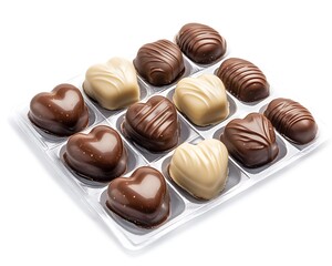 Heart-shaped chocolates in a decorative package, set on a clean white background, ready for personal or commercial use.