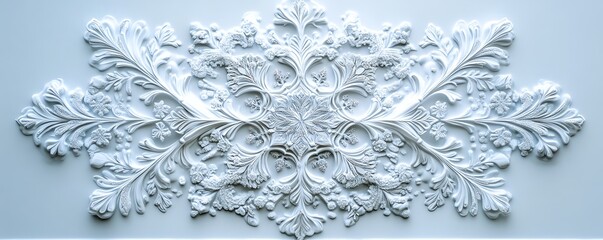 Delicate snowflake featuring elaborate patterns, against a smooth white background, capturing the enchanting beauty of winters artistry