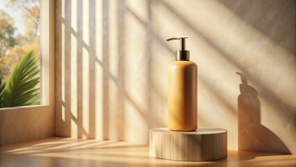 Minimalist Shampoo Bottle Photography on Podium with Beautiful Lighting and Shadows