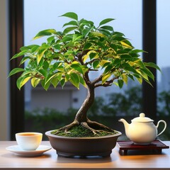 Beautiful bonsai tree with vibrant leaves near a tea set in a serene setting.