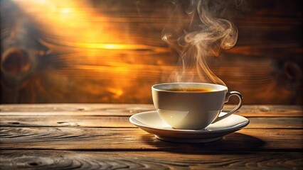 Obraz premium A steaming cup of tea on a rustic wooden table with warm, natural light shining through the background.
