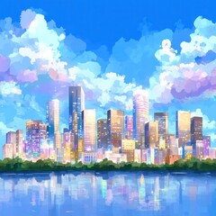 Naklejka premium Sunrise Illuminates the Animated Cityscape: A Vibrant Background Illustration