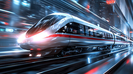 Fototapeta premium High-speed train in motion, showcasing modern technology against a blurred urban backdrop.