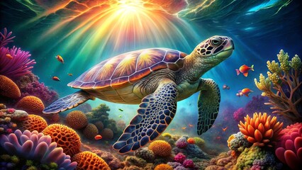 Fototapeta premium A majestic sea turtle glides gracefully through a vibrant coral reef, bathed in the warm glow of the sun's rays that penetrate the turquoise waters.