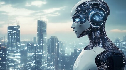 Futuristic Robot Looking Over Modern Cityscape	