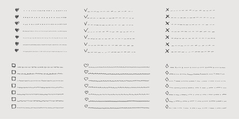 Fototapeta premium Collection of vector isolated outline hand drawn check to do list, bullet, check mark and check box in a doodle sketch cartoon style. Set of paper note with task plan.