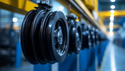 Obraz premium Close-up of black car parts hanging on an assembly line in a factory.