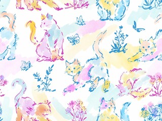 Hand-drawn colorful cat pop seamless pattern. Wallpaper with illustrations of cats, flowers, and butterflies.
