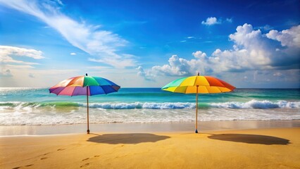 Fototapeta premium Sunny beach with two colorful umbrellas and calm ocean waves