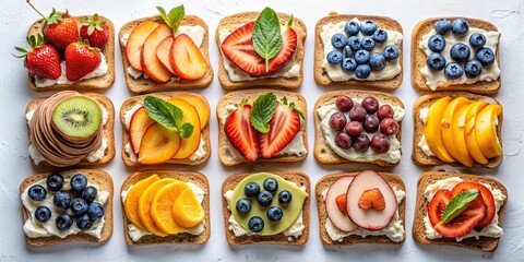 A symphony of fresh fruit adorns each slice of toast, offering a delicious and visually appealing culinary experience.