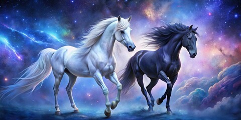 Fototapeta premium Celestial Gallop Two horses, one white and one black, race across a dreamy landscape of clouds and swirling nebulae, their flowing manes and tails blending with the cosmic dust.