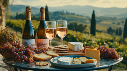Rose Wine and Cheese Platter with a Vineyard Background.