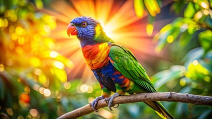 Obraz premium A rainbow lorikeet perched on a branch with a blurred background of foliage and a burst of light.