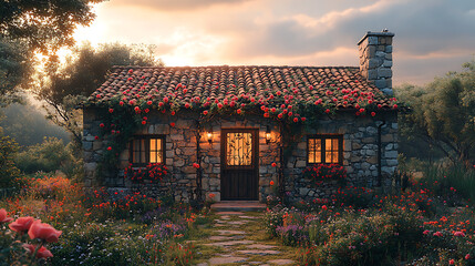 A rustic stone cottage with an old iron gate, wild rose vines cascading over the fence and windows, set amidst an overgrown meadow with wildflowers and tall grasses, glowing in the warm light 