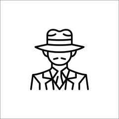Mafia icon. Simple minimal line art illustration of a man in a suit and fedora hat, representing a classic mafia character. Perfect for use in crime, detective, film noir. Vector illustration