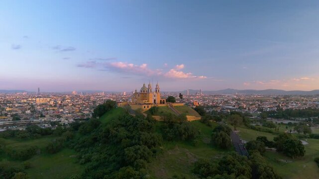 Santuary of Remedios Cholula Puebla Church Hill Drone Close Orbit Left Sunset Clear Sky