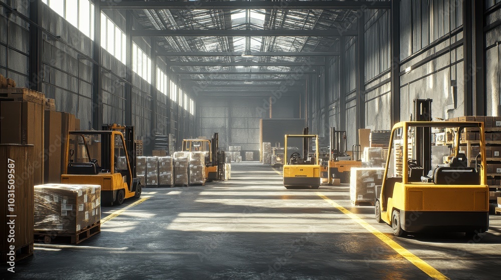 Wall mural modern industrial warehouse interior with forklifts and stacked boxes in sunlit environment