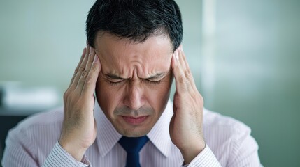 Fototapeta premium A stressed businessman holds his head, depicting the strain of work pressures and the toll of a demanding corporate environment.