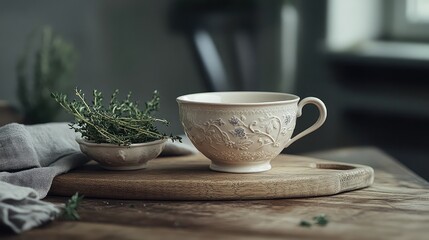 Elegant ceramic cup with fresh herbs on wood board