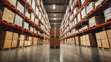 Fototapeta premium Large Industrial Warehouse Interior with Stacked Cardboard Boxes on Shelves and Pallets in a Modern Distribution Center