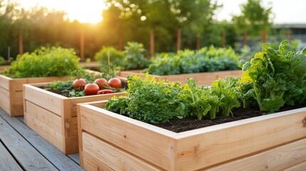 Raised garden beds with fresh greens and tomatoes in a sunny outdoor setting.