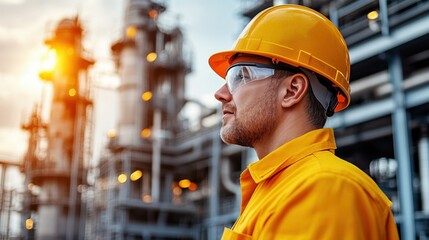 Profile of a worker in safety gear at an industrial site, focused and determined.