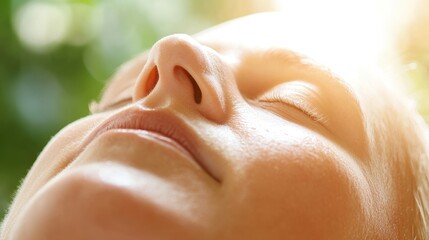 Naklejka premium Relaxed woman enjoying nature with eyes closed, sunlight glowing on her peaceful face.