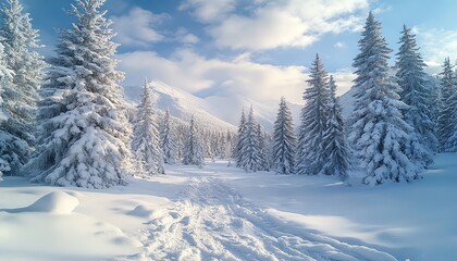 Naklejka premium A magical winter landscape filled with snowladen trees in a serene forest, perfect for enchanting nature photography capturing seasonal themes