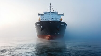 Large cargo ship navigating through foggy waters during early morning light.