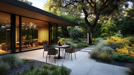 Obraz premium Modern Patio Design with Stone Patio and Lush Greenery