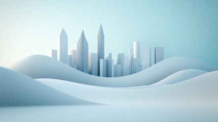 Fototapeta premium Minimalist city skyline with abstract waves, soft pastel colors on a white background.
