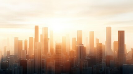 Fototapeta premium Modern city skyline at sunrise with towering buildings and soft atmospheric light.