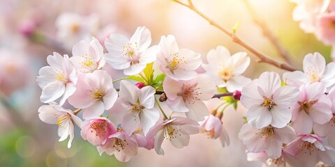 Delicate pink blossoms, soft and graceful, illuminated by the golden glow of the sun, a tender symphony of spring's arrival.