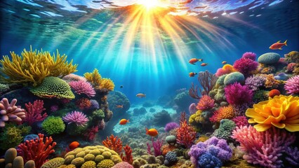 Fototapeta premium Underwater scene with colorful algae and coral reefs, ocean, marine life, underwater, sea, algae, coral